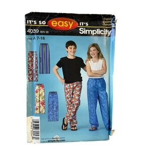Simplicity Sewing Pattern 4039 Pants Girls Boys Size 7-16 UNCUT